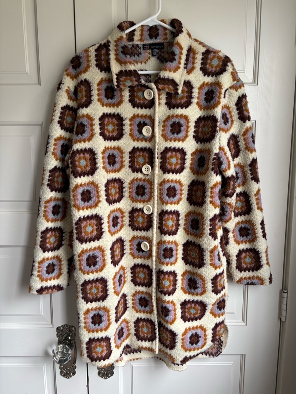 Crochet-Style Cream & Brown Pea Coat